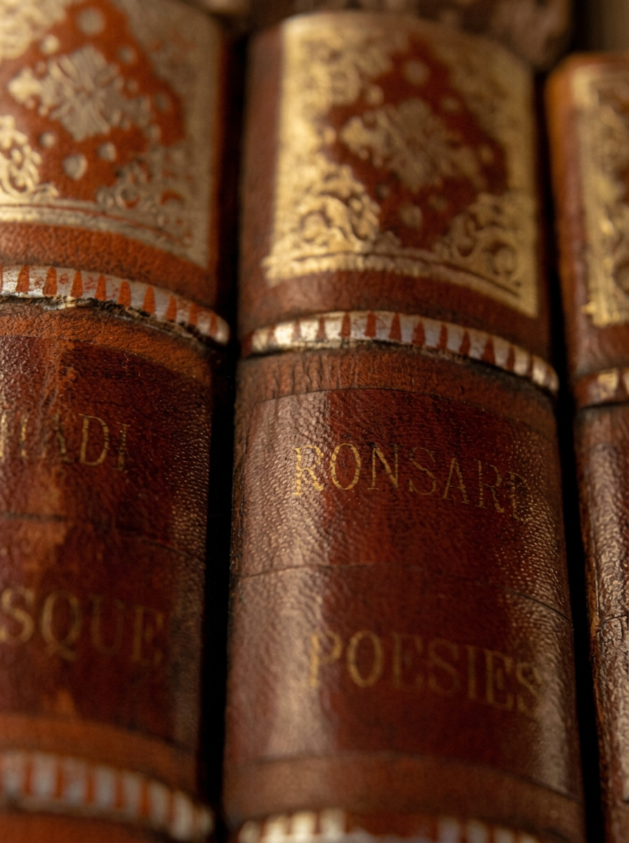 Lomos de libros antiguos encuadernados en piel, con grabados dorados